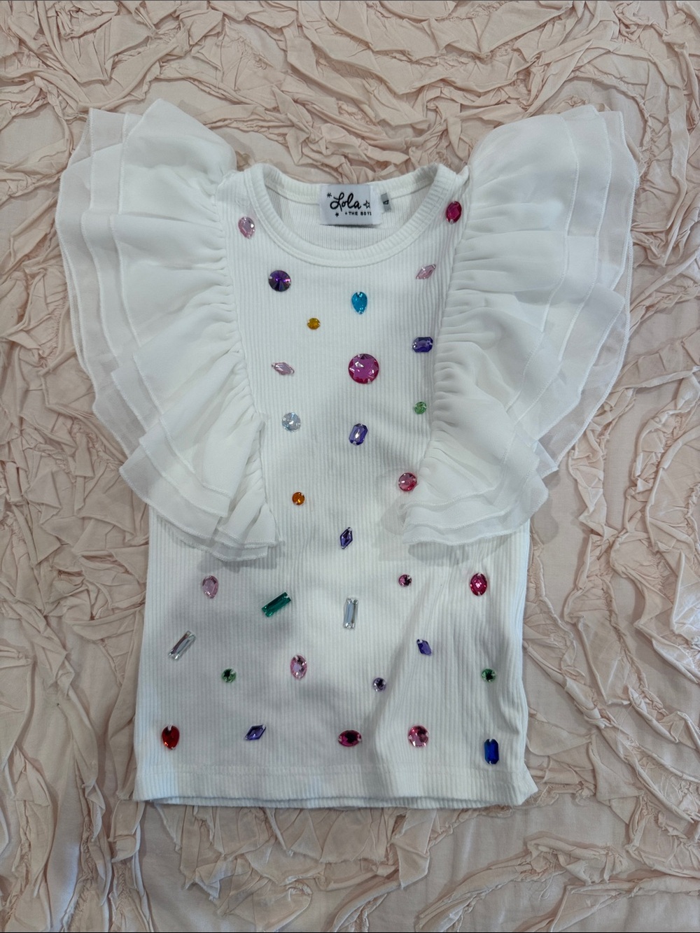 Lola + The Boys White Ruffled Tank with Multicolor Gems